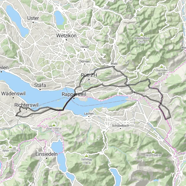 Miniaturní mapa "Okružní jízda kolem Richterswilu" inspirace pro cyklisty v oblasti Zürich, Switzerland. Vytvořeno pomocí plánovače tras Tarmacs.app
