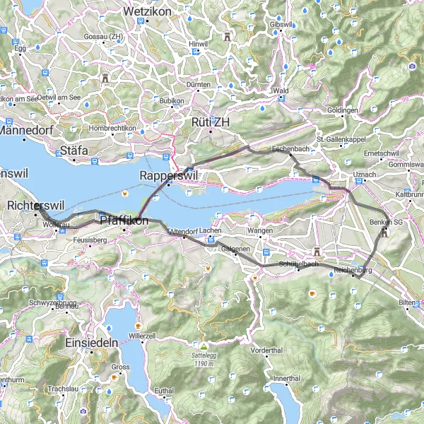 Miniatua del mapa de inspiración ciclista "Ruta por carretera Richterswil-Schmerikon-Richterswil" en Zürich, Switzerland. Generado por Tarmacs.app planificador de rutas ciclistas