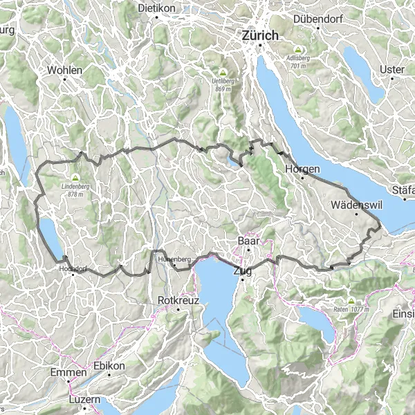 Miniatua del mapa de inspiración ciclista "Ruta en bicicleta de carretera Richterswil - Ermensee" en Zürich, Switzerland. Generado por Tarmacs.app planificador de rutas ciclistas