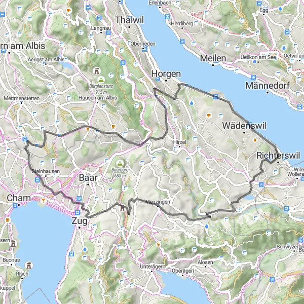 Miniatura della mappa di ispirazione al ciclismo "Giro Stradale Richterswil - Lindenberg" nella regione di Zürich, Switzerland. Generata da Tarmacs.app, pianificatore di rotte ciclistiche