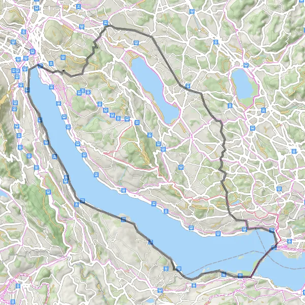 Kartminiatyr av "Sjarmerende veiturer rundt Zürichsjøen" sykkelinspirasjon i Zürich, Switzerland. Generert av Tarmacs.app sykkelrutoplanlegger