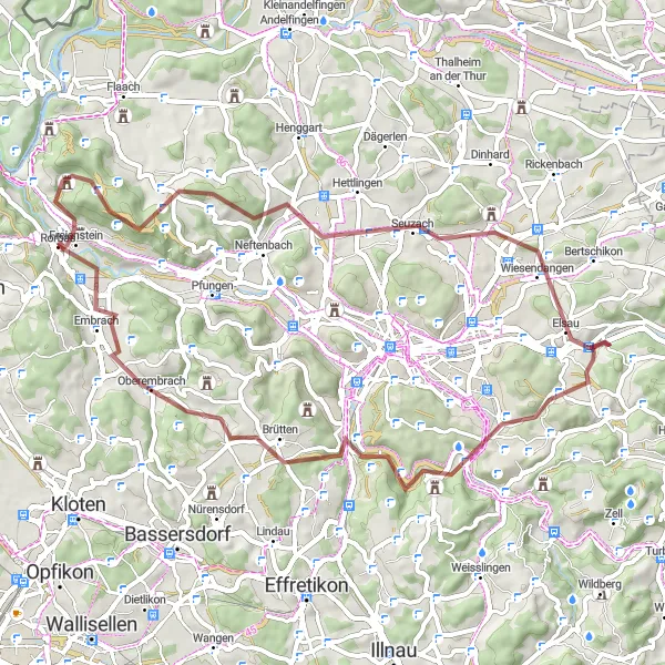 Miniatura della mappa di ispirazione al ciclismo "Avventura in bici attraverso la campagna intorno a Rorbas" nella regione di Zürich, Switzerland. Generata da Tarmacs.app, pianificatore di rotte ciclistiche