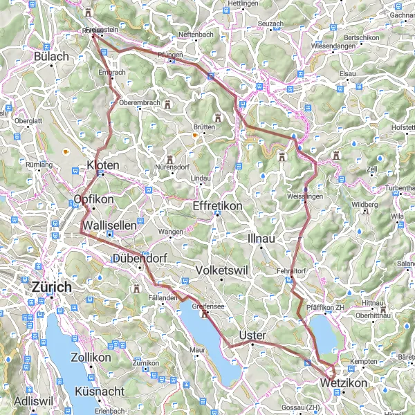 Map miniature of "Gravel Explorer" cycling inspiration in Zürich, Switzerland. Generated by Tarmacs.app cycling route planner