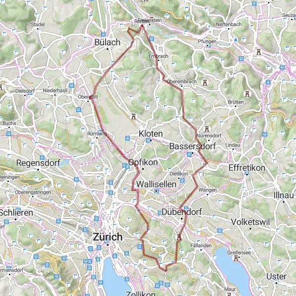 Kartminiatyr av "Rorbas til Ruine Freienstein Grusvei Sykkelrute" sykkelinspirasjon i Zürich, Switzerland. Generert av Tarmacs.app sykkelrutoplanlegger