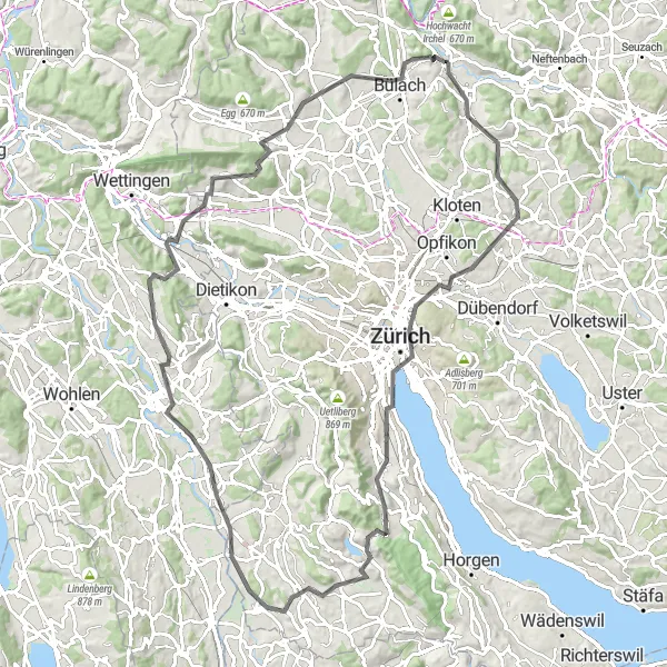 Miniatura della mappa di ispirazione al ciclismo "Itinerario ciclistico attraverso paesaggi mozzafiato" nella regione di Zürich, Switzerland. Generata da Tarmacs.app, pianificatore di rotte ciclistiche
