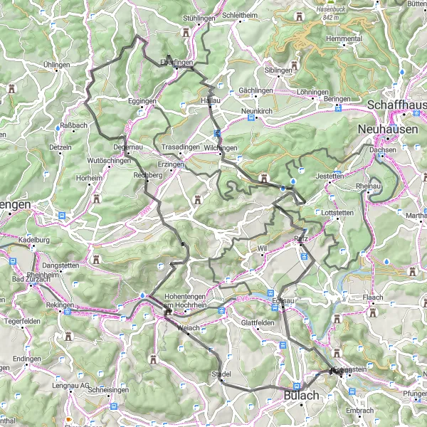 Zemljevid v pomanjšavi "Razburljiva kolesarska pot skozi slikovite vasi in pokrajine" kolesarske inspiracije v Zürich, Switzerland. Generirano z načrtovalcem kolesarskih poti Tarmacs.app