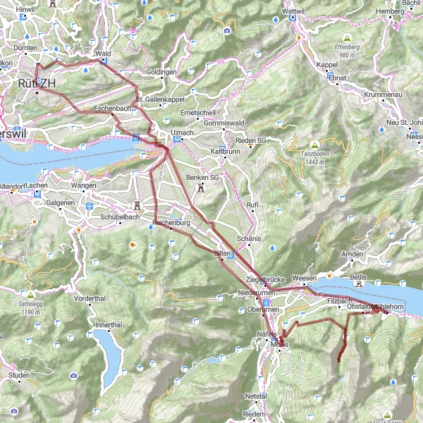 Kartminiatyr av "Gruste Eventyr gjennom Sveits Landsbygda" sykkelinspirasjon i Zürich, Switzerland. Generert av Tarmacs.app sykkelrutoplanlegger