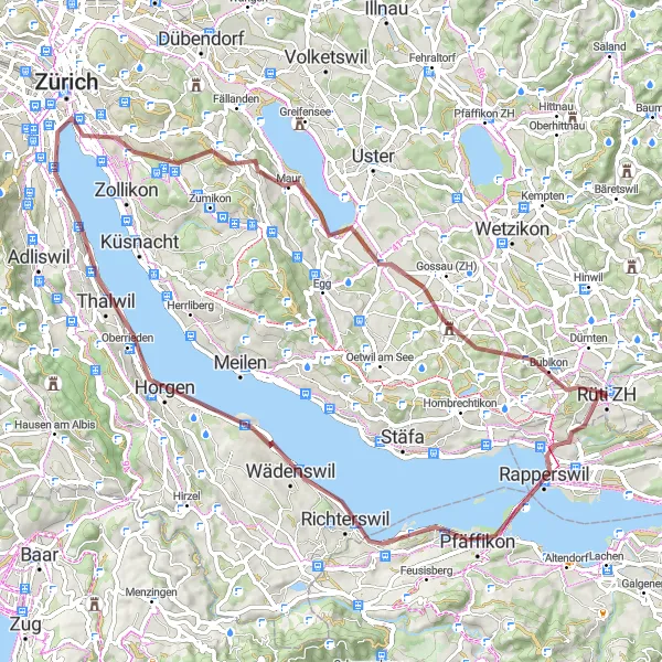 Mapa miniatúra "Gravelová cesta cez Lindenhof a Grüningen" cyklistická inšpirácia v Zürich, Switzerland. Vygenerované cyklistickým plánovačom trás Tarmacs.app