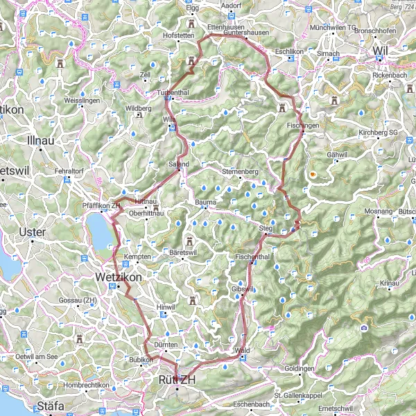 Karten-Miniaturansicht der Radinspiration "Abenteuerliche Gravel-Tour durch Wetzikon und Fischingen" in Zürich, Switzerland. Erstellt vom Tarmacs.app-Routenplaner für Radtouren