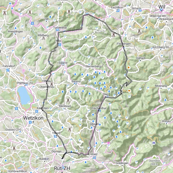 Kartminiatyr av "Scenic Road Cycling Eventyr fra Hittnau til Wald" sykkelinspirasjon i Zürich, Switzerland. Generert av Tarmacs.app sykkelrutoplanlegger