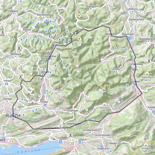 Karttaminiaatyyri "Rüti ZH - Ermenswil" pyöräilyinspiraatiosta alueella Zürich, Switzerland. Luotu Tarmacs.app pyöräilyreittisuunnittelijalla