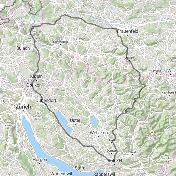 Zemljevid v pomanjšavi "Rüti - Hochwacht Irchel Loop" kolesarske inspiracije v Zürich, Switzerland. Generirano z načrtovalcem kolesarskih poti Tarmacs.app