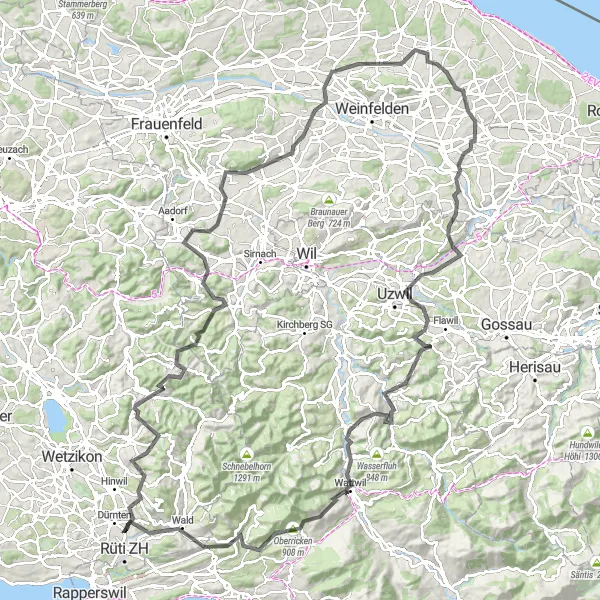 Miniature de la carte de l'inspiration cycliste "Le Tour des Collines de l'Est" dans la Zürich, Switzerland. Générée par le planificateur d'itinéraire cycliste Tarmacs.app