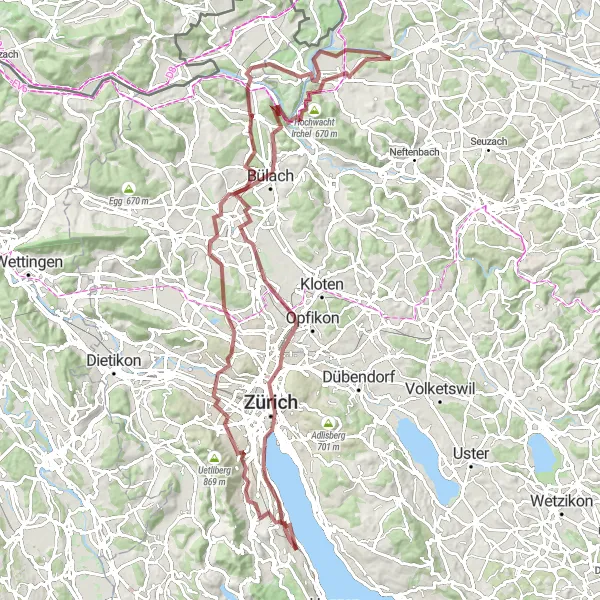 Karten-Miniaturansicht der Radinspiration "Irchel Panorama Gravel Tour" in Zürich, Switzerland. Erstellt vom Tarmacs.app-Routenplaner für Radtouren