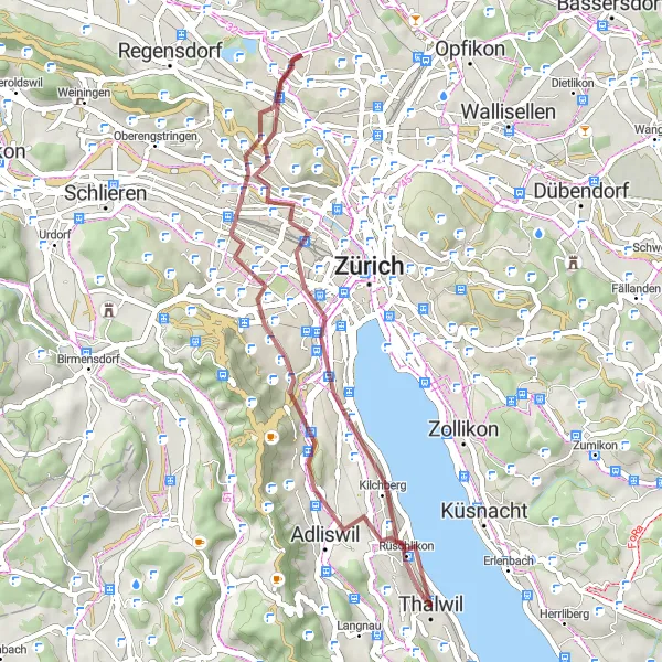 Miniatura della mappa di ispirazione al ciclismo "Giro Gravel da Rüschlikon a Thalwil" nella regione di Zürich, Switzerland. Generata da Tarmacs.app, pianificatore di rotte ciclistiche
