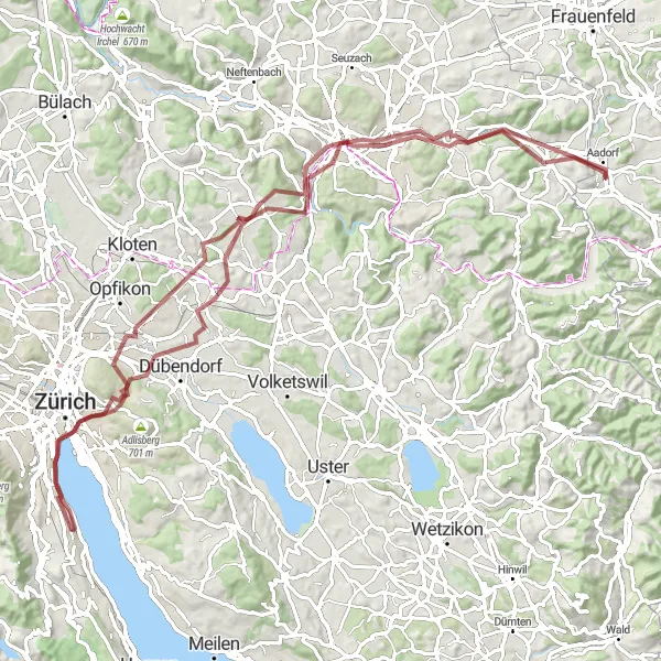 Miniatua del mapa de inspiración ciclista "Ruta de Grava alrededor de Zúrich" en Zürich, Switzerland. Generado por Tarmacs.app planificador de rutas ciclistas