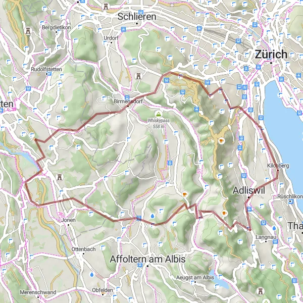 Zemljevid v pomanjšavi "Gravel kolesarska avantura skozi Birmensdorf" kolesarske inspiracije v Zürich, Switzerland. Generirano z načrtovalcem kolesarskih poti Tarmacs.app