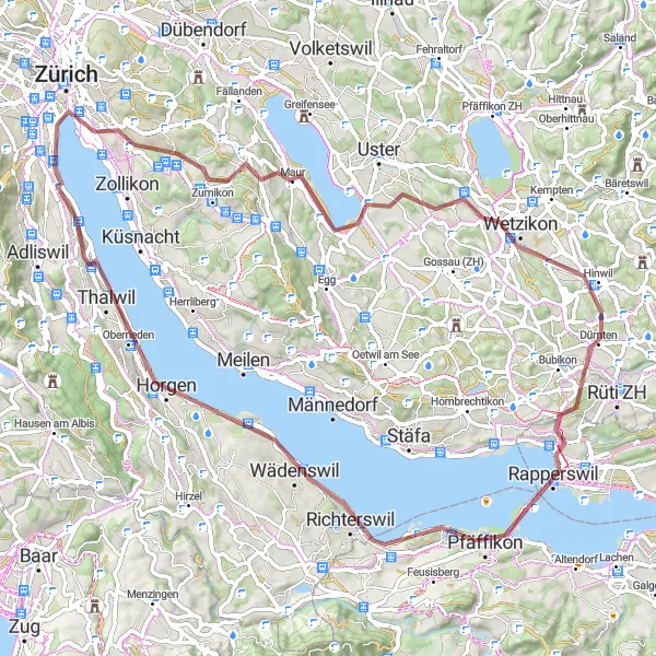 Miniaturní mapa "Gravelová trasa kolem Zürichu" inspirace pro cyklisty v oblasti Zürich, Switzerland. Vytvořeno pomocí plánovače tras Tarmacs.app