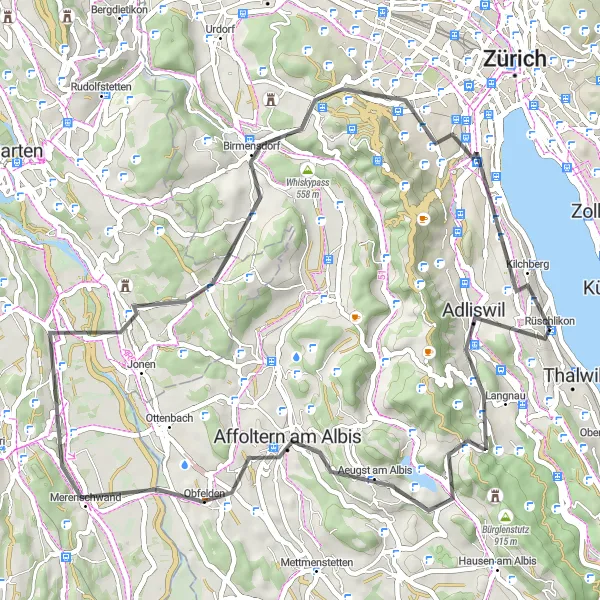 Miniatura della mappa di ispirazione al ciclismo "Giro in bicicletta per ciclisti su strada vicino a Rüschlikon" nella regione di Zürich, Switzerland. Generata da Tarmacs.app, pianificatore di rotte ciclistiche