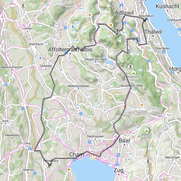 Miniatua del mapa de inspiración ciclista "Ruta de Carretera a Aeugsterberg" en Zürich, Switzerland. Generado por Tarmacs.app planificador de rutas ciclistas