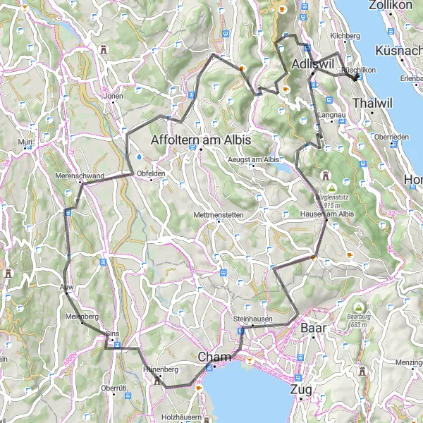 Karttaminiaatyyri "Rüschlikon - Adliswil - Rüschlikon" pyöräilyinspiraatiosta alueella Zürich, Switzerland. Luotu Tarmacs.app pyöräilyreittisuunnittelijalla