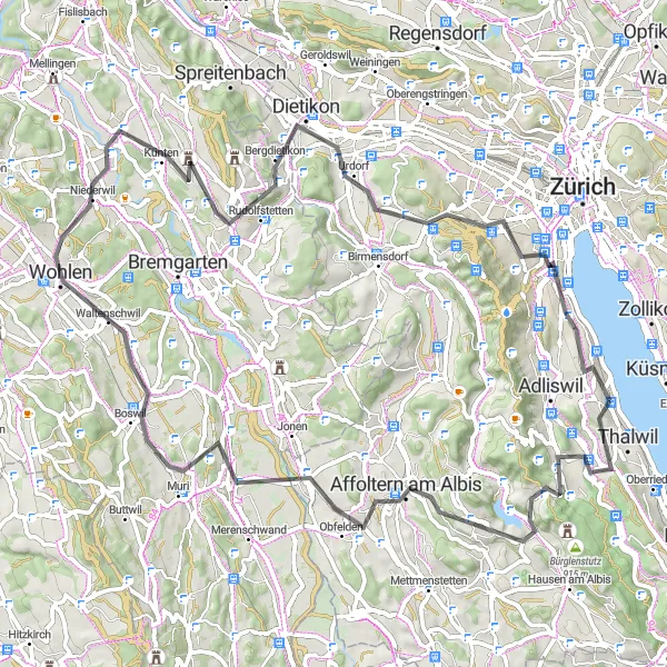Miniaturekort af cykelinspirationen "Spændende Landevejscykling omkring Zürich" i Zürich, Switzerland. Genereret af Tarmacs.app cykelruteplanlægger