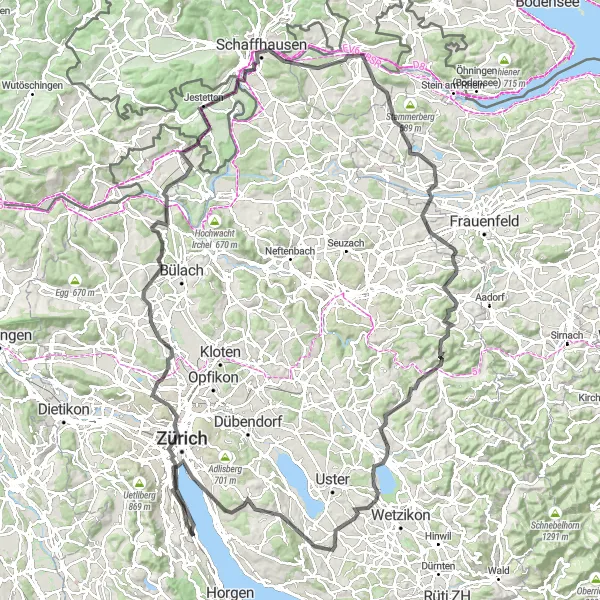 Miniatura della mappa di ispirazione al ciclismo "Tour panoramico attraverso il lago di Zurigo e le cascate del Reno" nella regione di Zürich, Switzerland. Generata da Tarmacs.app, pianificatore di rotte ciclistiche