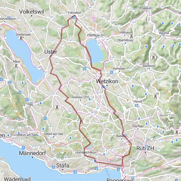 Map miniature of "Gravel Adventure through Hombrechtikon" cycling inspiration in Zürich, Switzerland. Generated by Tarmacs.app cycling route planner