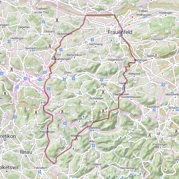 Karttaminiaatyyri "Weisslingen ja Aadorf Gravel Round-trip" pyöräilyinspiraatiosta alueella Zürich, Switzerland. Luotu Tarmacs.app pyöräilyreittisuunnittelijalla