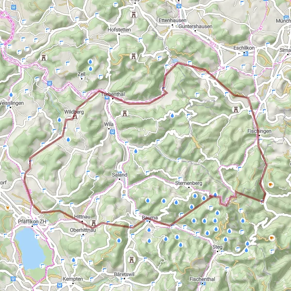 Miniaturní mapa "Gravelový okruh přes Fischingen" inspirace pro cyklisty v oblasti Zürich, Switzerland. Vytvořeno pomocí plánovače tras Tarmacs.app