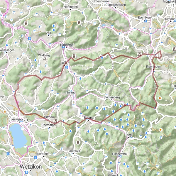 Kartminiatyr av "Grusväg till Fischingen" cykelinspiration i Zürich, Switzerland. Genererad av Tarmacs.app cykelruttplanerare