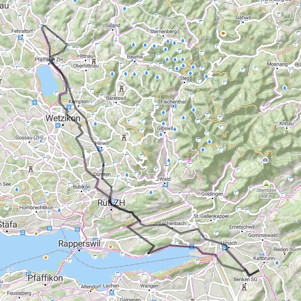 Mapa miniatúra "Road Cycling Loop to Pfäffikersee" cyklistická inšpirácia v Zürich, Switzerland. Vygenerované cyklistickým plánovačom trás Tarmacs.app
