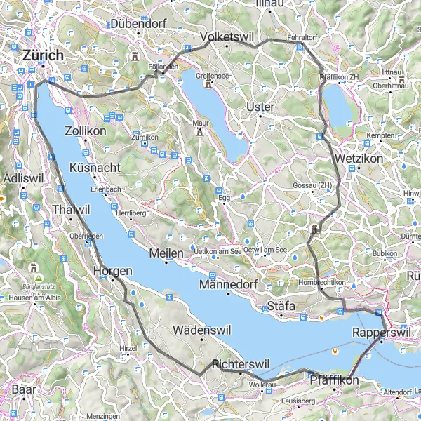 Miniatua del mapa de inspiración ciclista "Recorrido en bicicleta de carretera a través de Grüningen" en Zürich, Switzerland. Generado por Tarmacs.app planificador de rutas ciclistas