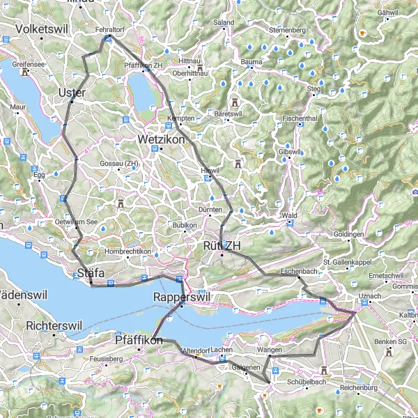 Kartminiatyr av "Utforsk Zürichs forsteder på landeveisturen til Fehraltorf" sykkelinspirasjon i Zürich, Switzerland. Generert av Tarmacs.app sykkelrutoplanlegger
