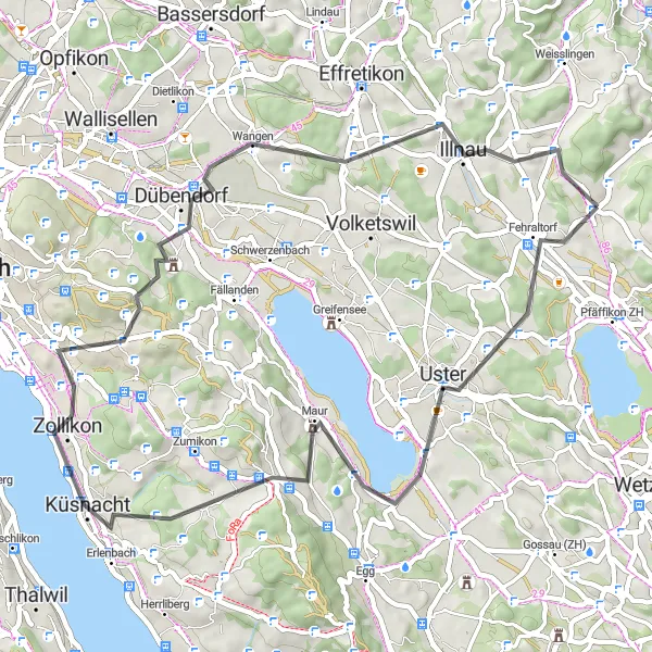 Kartminiatyr av "Küsnacht til Russikon Road Cycling Eventyr" sykkelinspirasjon i Zürich, Switzerland. Generert av Tarmacs.app sykkelrutoplanlegger