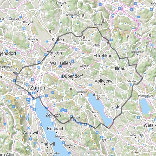 Miniatua del mapa de inspiración ciclista "Ruta de ciclismo por carretera a Uster desde Russikon" en Zürich, Switzerland. Generado por Tarmacs.app planificador de rutas ciclistas