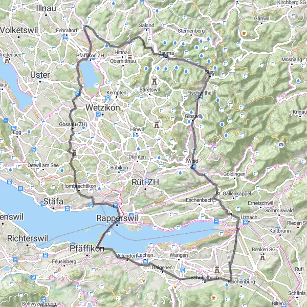 Zemljevid v pomanjšavi "Kolesarska tura Fischenthal - Pfäffikersee" kolesarske inspiracije v Zürich, Switzerland. Generirano z načrtovalcem kolesarskih poti Tarmacs.app