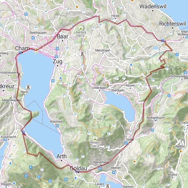 Kartminiatyr av "Historiska platser och bergspass" cykelinspiration i Zürich, Switzerland. Genererad av Tarmacs.app cykelruttplanerare