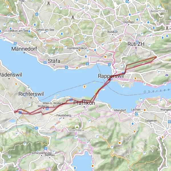 Miniatua del mapa de inspiración ciclista "Ruta de ciclismo de grava a Freienbach" en Zürich, Switzerland. Generado por Tarmacs.app planificador de rutas ciclistas