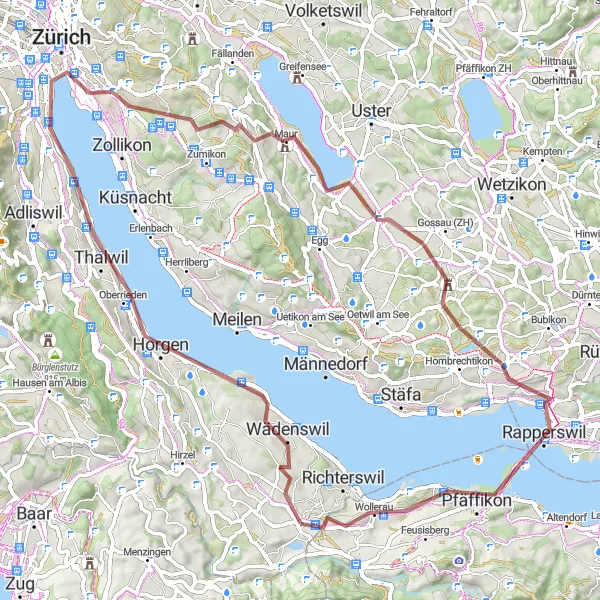 Kartminiatyr av "Vakker grusvei tur rundt Zürichsjøen" sykkelinspirasjon i Zürich, Switzerland. Generert av Tarmacs.app sykkelrutoplanlegger