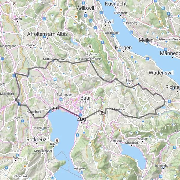 Miniatua del mapa de inspiración ciclista "Ruta Panorámica a Zug y Hirzel" en Zürich, Switzerland. Generado por Tarmacs.app planificador de rutas ciclistas