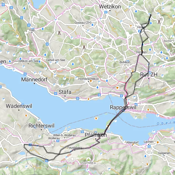 Miniatua del mapa de inspiración ciclista "Ruta de ciclismo de carretera hacia Hinwil" en Zürich, Switzerland. Generado por Tarmacs.app planificador de rutas ciclistas