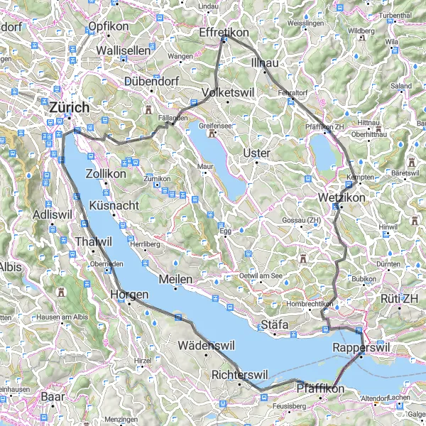 Miniatura della mappa di ispirazione al ciclismo "Giro in bici da Samstagern - Horgen - Wetzikon - Pfäffikersee - Freienbach" nella regione di Zürich, Switzerland. Generata da Tarmacs.app, pianificatore di rotte ciclistiche