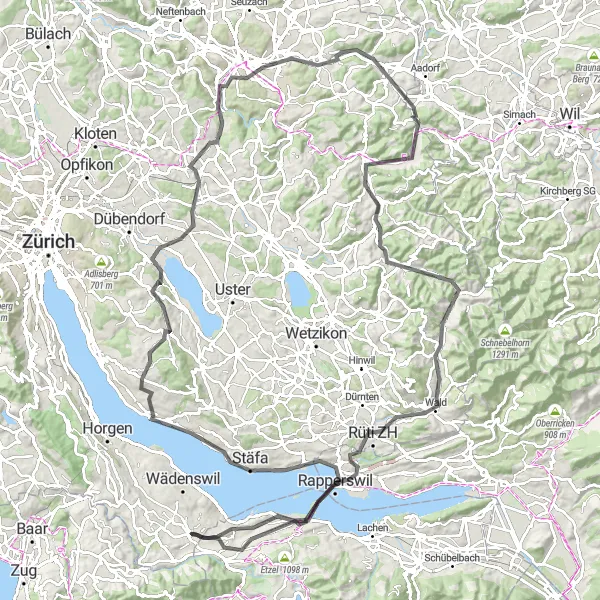 Kartminiatyr av "Fjällcykling genom Zürichs omgivningar" cykelinspiration i Zürich, Switzerland. Genererad av Tarmacs.app cykelruttplanerare