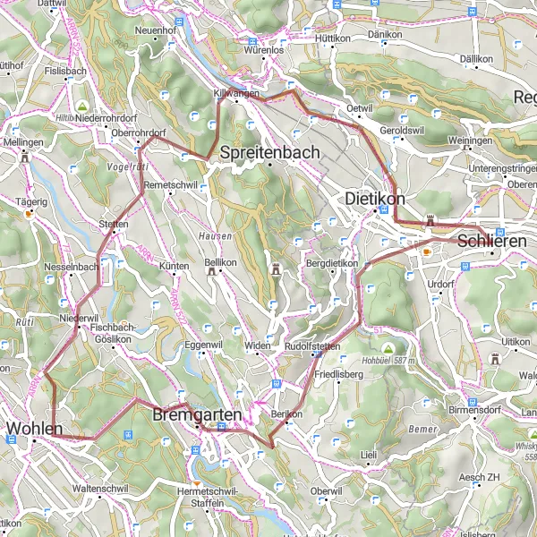 Zemljevid v pomanjšavi "Kolesarjenje skozi podeželske pokrajine" kolesarske inspiracije v Zürich, Switzerland. Generirano z načrtovalcem kolesarskih poti Tarmacs.app