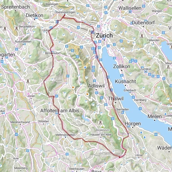 Miniatura della mappa di ispirazione al ciclismo "Esplorazione dei sentieri sterrati vicino a Thalwil" nella regione di Zürich, Switzerland. Generata da Tarmacs.app, pianificatore di rotte ciclistiche