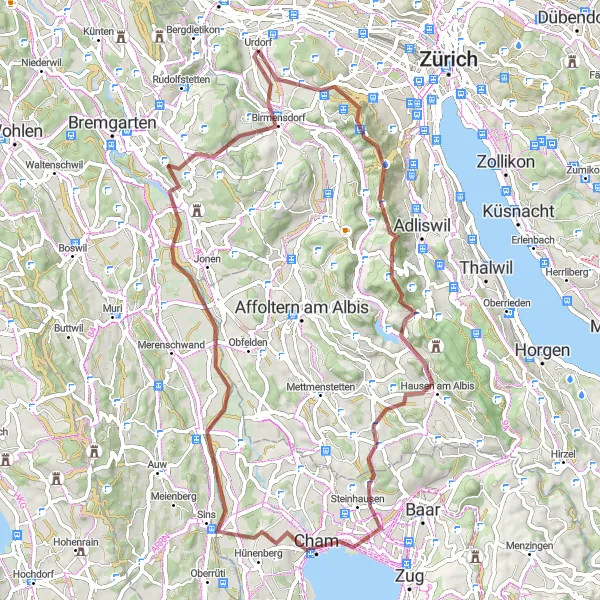 Miniatura della mappa di ispirazione al ciclismo "Alla scoperta dei tesori nascosti di Uetliberg" nella regione di Zürich, Switzerland. Generata da Tarmacs.app, pianificatore di rotte ciclistiche