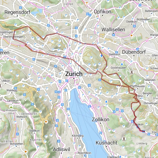 Kartminiatyr av "Oberstrass - Oberengstringen rundtur" sykkelinspirasjon i Zürich, Switzerland. Generert av Tarmacs.app sykkelrutoplanlegger