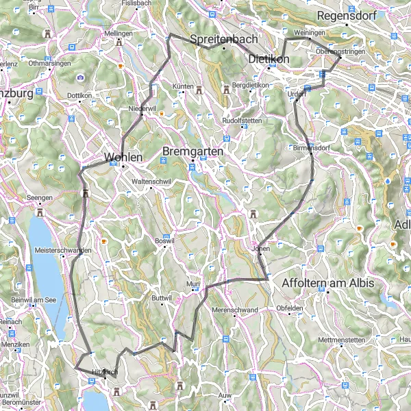 Miniatura della mappa di ispirazione al ciclismo "Sfida lungo l'ascesa di Heitersberg" nella regione di Zürich, Switzerland. Generata da Tarmacs.app, pianificatore di rotte ciclistiche