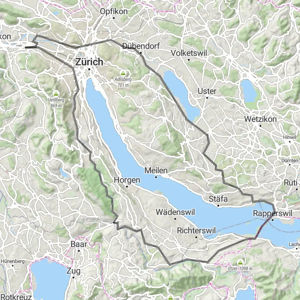 Miniatura della mappa di ispirazione al ciclismo "Giro in bicicletta verso Langnau" nella regione di Zürich, Switzerland. Generata da Tarmacs.app, pianificatore di rotte ciclistiche